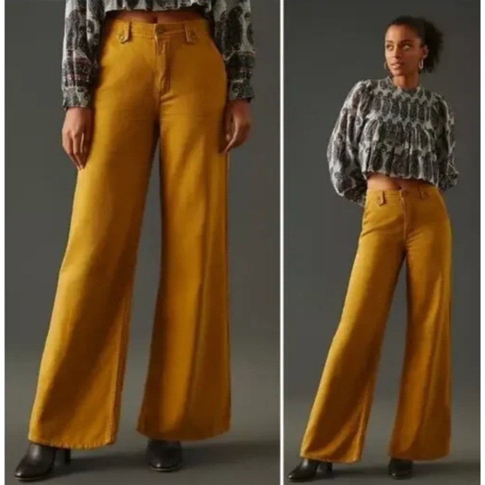 Anthropologie Pilcro Column Wide Leg Trouser Pants Mustard Yellow Casual Size 25